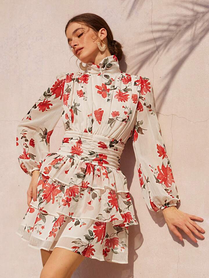 CM-DS030559 Women Casual Seoul Style Round Neck Puff Sleeve Colorblock Floral Print Layered Mini Dress
