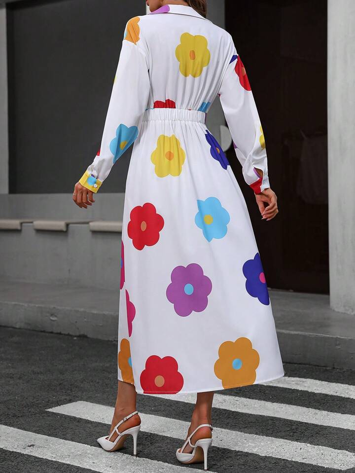 CM-DS799277 Women Casual Seoul Style Long Sleeve Shirt Collar Pleated Waist Floral Print Dress