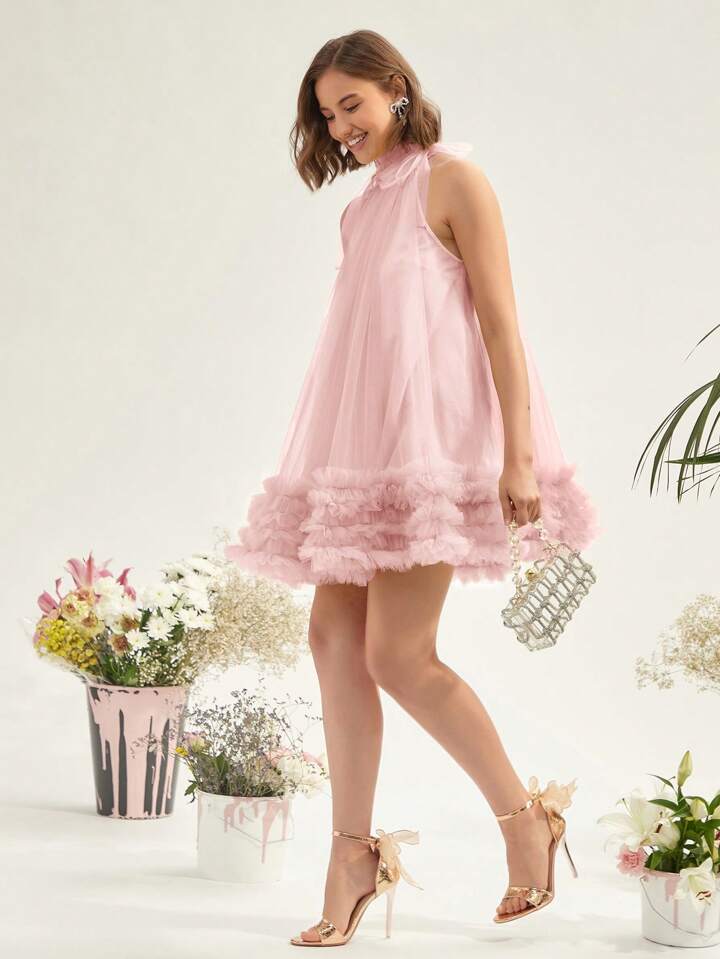 CM-DS049701 Women Elegant Seoul Style Multi-Layered Mesh Halter Neck Dress - Pink