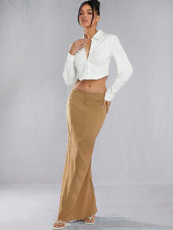 CM-BS865566 Women Casual Seoul Style Seam Detail Raw Edge Maxi Skirt - Beige