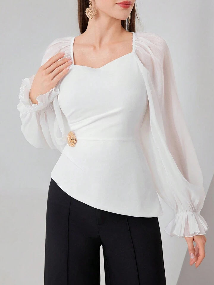 CM-TS953513 Women Elegant Seoul Style Mesh Panel Sweetheart Neck Long Sleeve Shirt