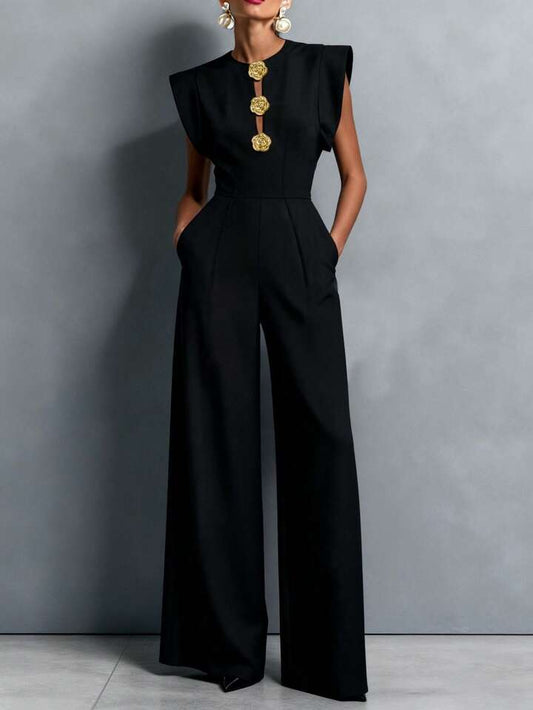 CM-JS170822 Women Elegant Seoul Style Notched Neckline Sleeveless Front Button Zipper Pocket Jumpsuit - Black