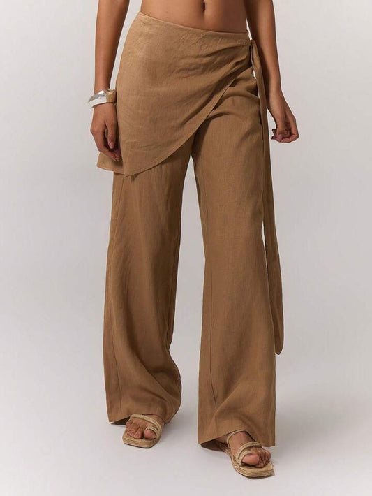 CM-BS115332 Women Trendy Bohemian Style Linen Look Layered Straight Leg Trousers - Brown