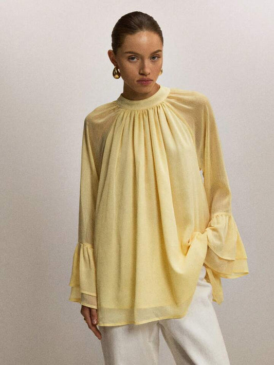 CM-TS396644 Women Casual Seoul Style Stand Collar Ruffled Wide Sleeve Lace Long Sleeve Blouse - Yellow