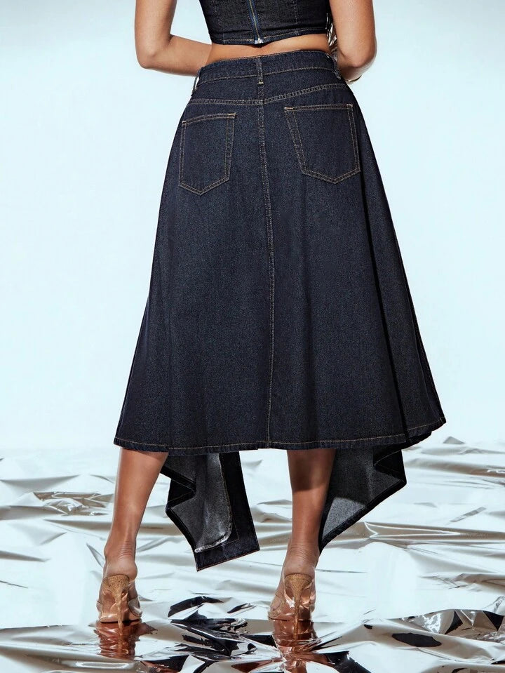 CM-BS341131 Women Casual Seoul Style Dark Wash Mid Waist Asymmetrical High Slit Denim Midi Skirt