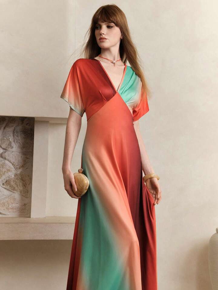 CM-DS922324 Women Casual Seoul Style Satin Tie-Dye Ombre Deep V Neck Long Sleeve Maxi Dress