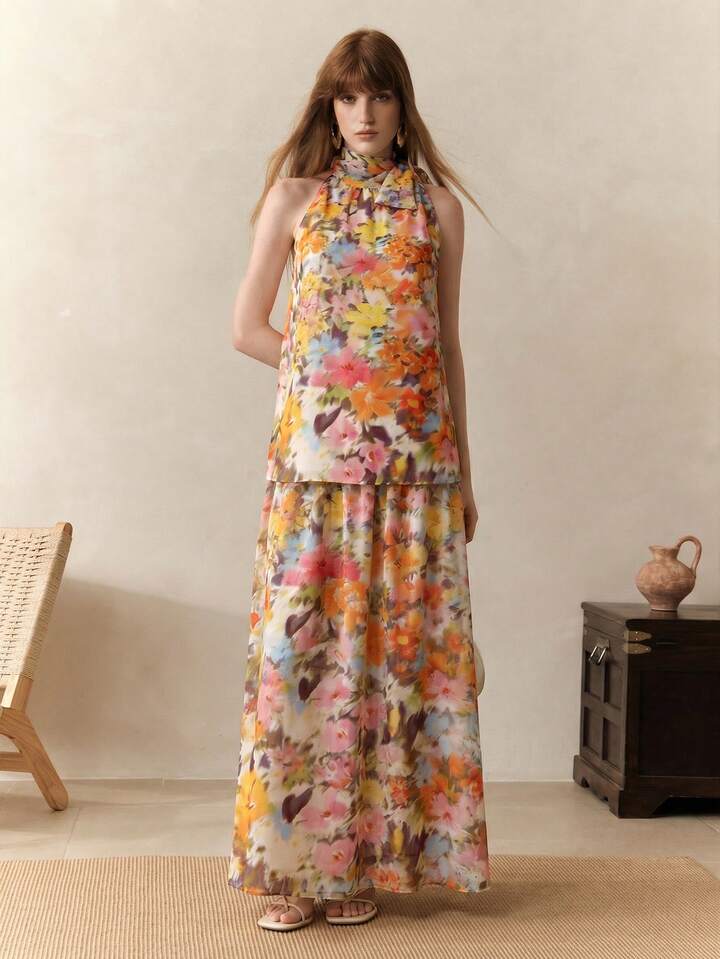 CM-SS363003 Women Trendy Bohemian Style Floral Print Tie Neck Sleeveless Top With Long Skirt - Set