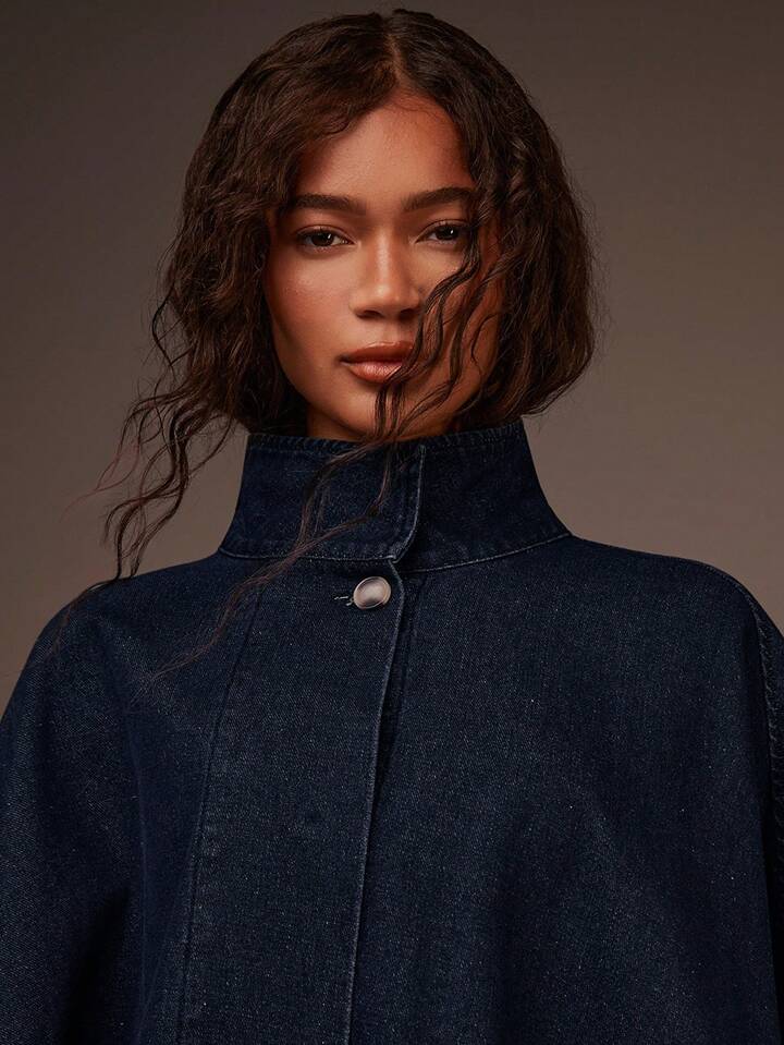 CM-CS829682 Women Casual Seoul Style Stand Collar Wide Draped Oversized Denim Cape Coat - Blue