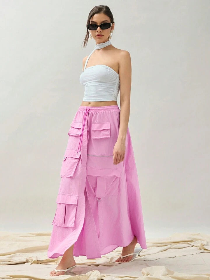 CM-BS691073 Women Casual Seoul Style Solid Color Drawstring Waist Pocketed Split Hem Skirt