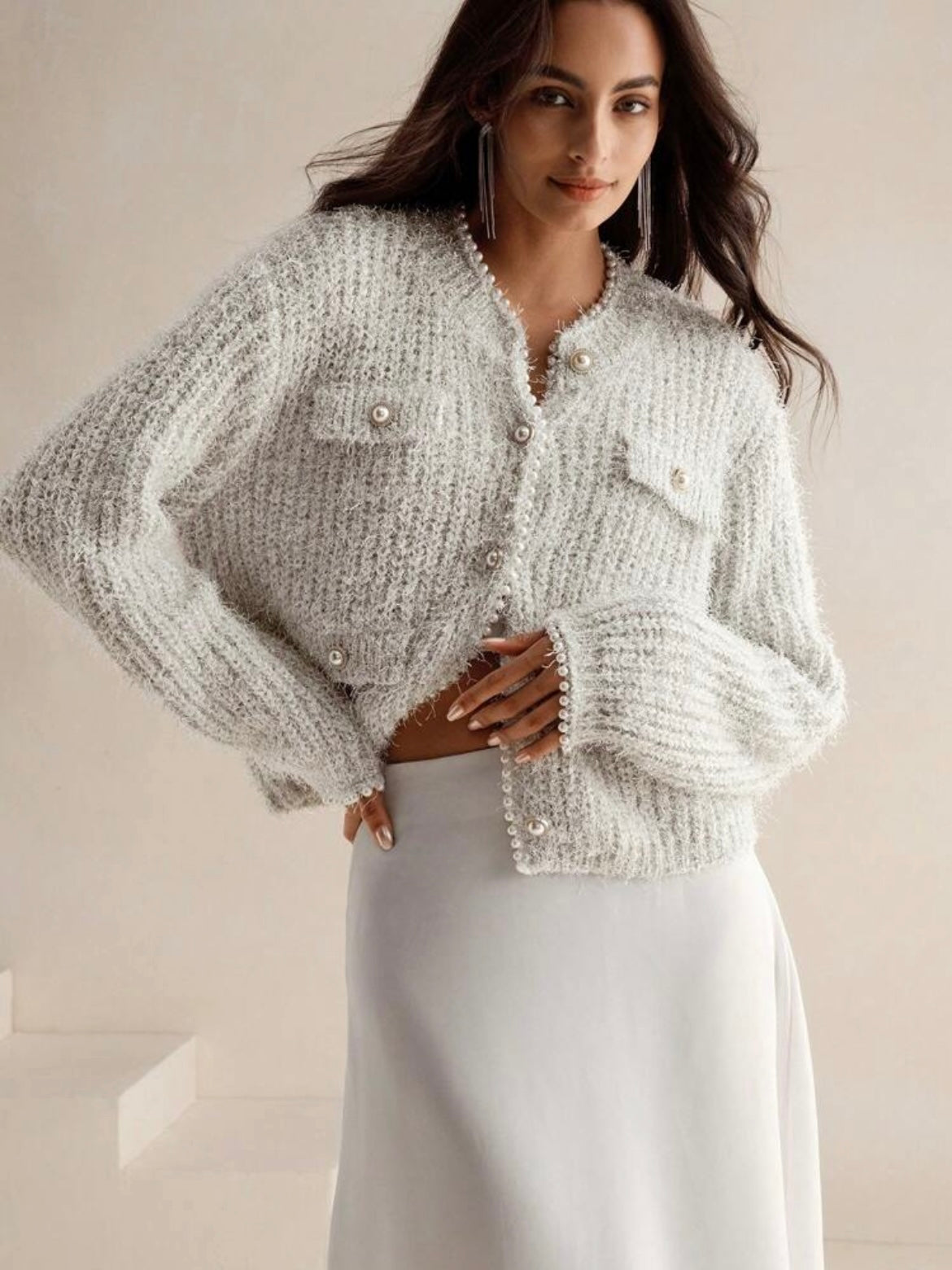 CM-CS843631 Women Elegant Seoul Style Round Neck Feather Mesh Faux Pearl Chain Knit Cardigan