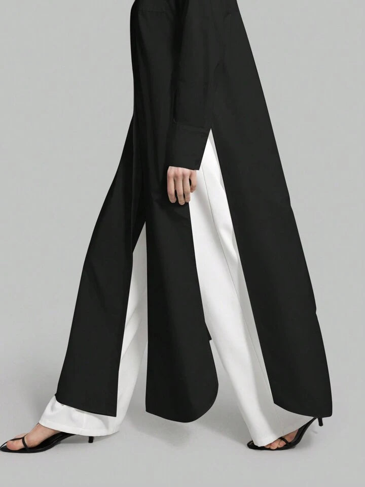 CM-TS855315 Women Casual Seoul Style Shirt Collar Long Sleeve Front Button High Slit Long Shirt - Black