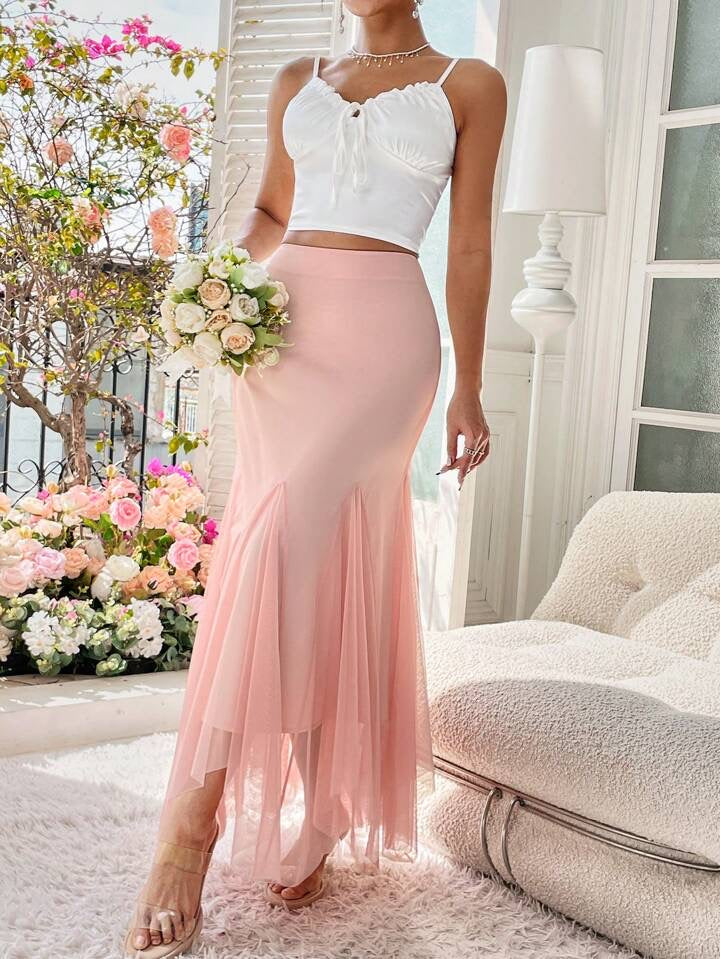 CM-BS286910 Women Elegant Seoul Style Mesh Mermaid Hem Long Skirt - Pink