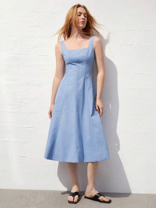 CM-DS547254 Women Casual Seoul Style Square Neck Sleeveless Cinched Waist Dress - Blue