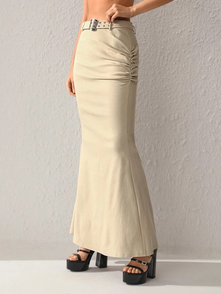 CM-BS726622 Women Elegant Seoul Style Solid Color Long Skirt With Belt - Khaki