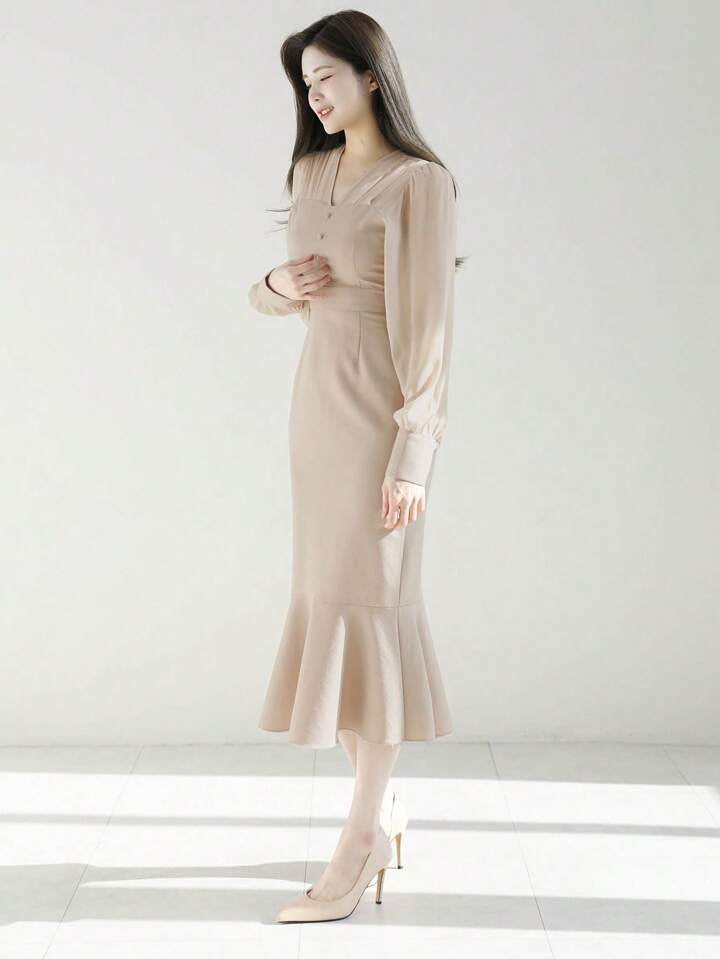CM-DS531451 Women Elegant Seoul Style Solid Button Detail Long Sleeve Mermaid Hem Dress