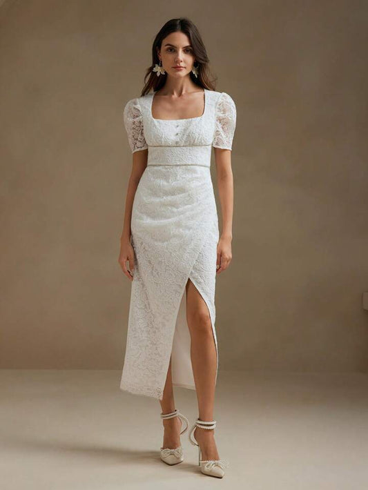CM-DS149969 Women Elegant Seoul Style Square Neckline Puff Sleeve Lace Slit Midi Dress - White
