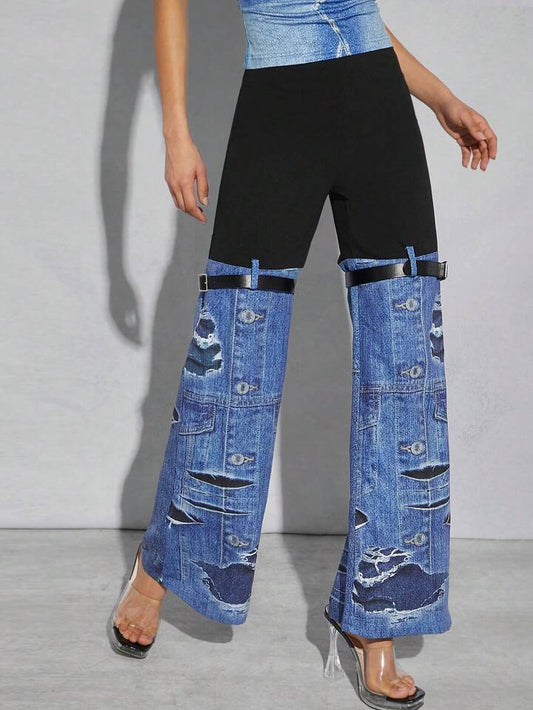 CM-BS333624 Women Casual Seoul Style Colorblock Buckle Denim-Effect Flare Leg Pants