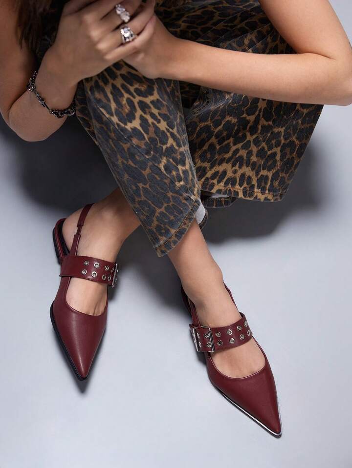 CM-SHS862685 Women Trendy Seoul Style PU Leather Pointed Toe Flat Shoes With Back Strap - Burgundy