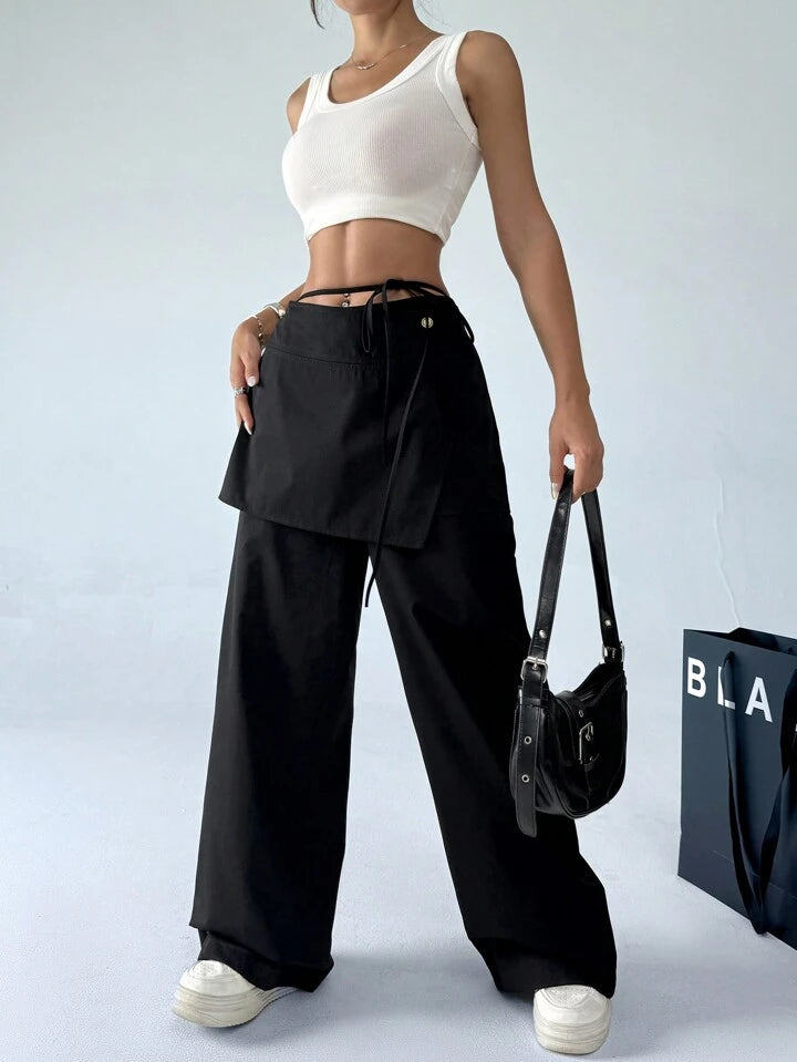 CM-BS536531 Women Casual Seoul Style Drop Waist 2 In 1 Skirt Wide Leg Pants - Black