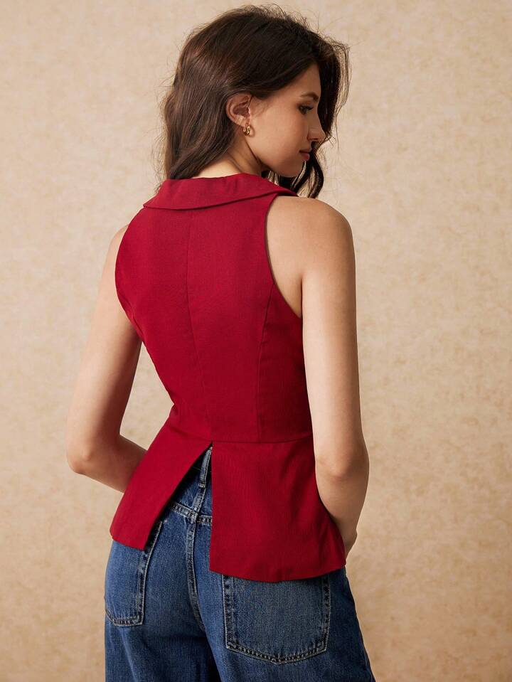 CM-TS431937 Women Casual Seoul Style V-Neck Sleeveless Buttoned Slits Shirt - Rose Red