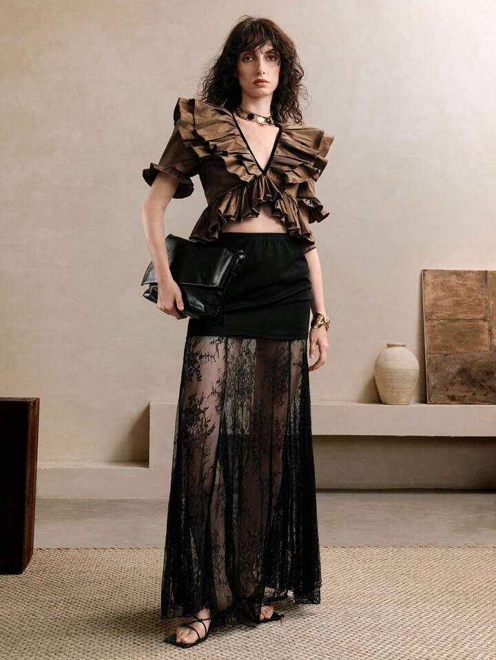 CM-TS736991 Women Elegant Seoul Style Metallic Luster Fabric One-Shoulder Multi-Layered Ruffled V-Neck Short Shirt