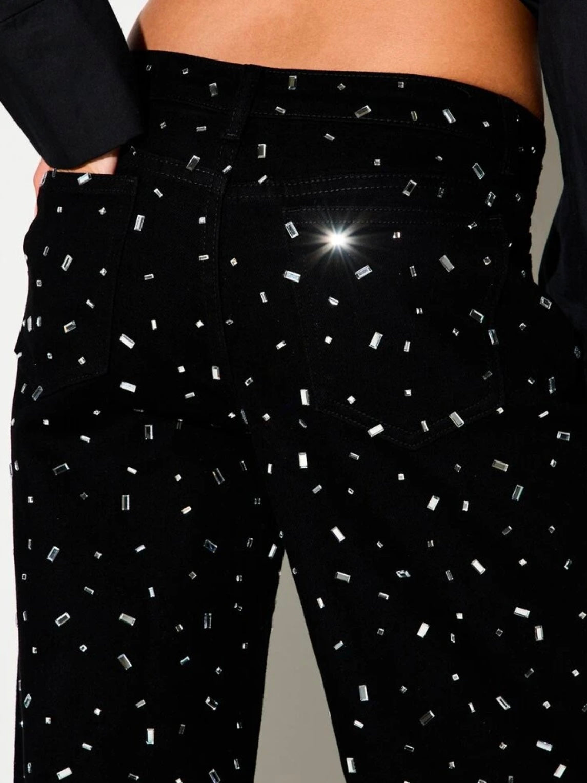 CM-BS094500 Women Elegant Seoul Style All-Over Mirror Embellishments Rhinestone Embroidery Velvet Wide Leg Denim Pants