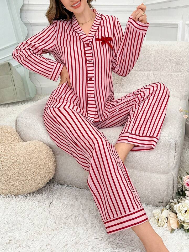 CM-LS158065 Women Trendy Seoul Style Bow-Tie Striped Long Sleeve Top With Pants Sleepwear Set - Red