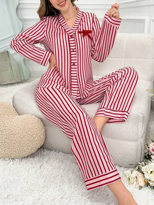 CM-LS158065 Women Trendy Seoul Style Bow-Tie Striped Long Sleeve Top With Pants Sleepwear Set - Red