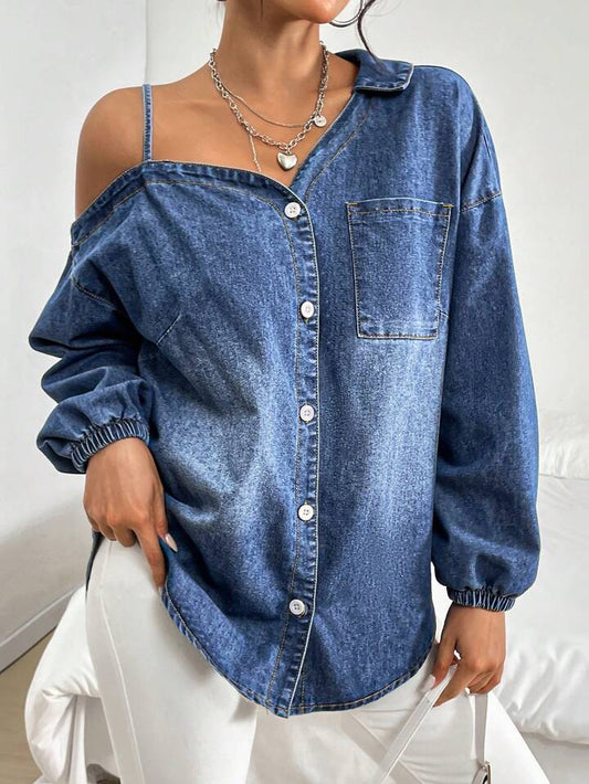 CM-TS782198 Women Casual Seoul Style Medium Wash Oversized Long Sleeve Open Shoulder Denim Top