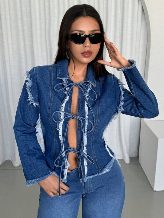 CM-CS555822 Women Casual Seoul Style Patchwork Frayed Edge Long Sleeve Front Tie Denim Jacket