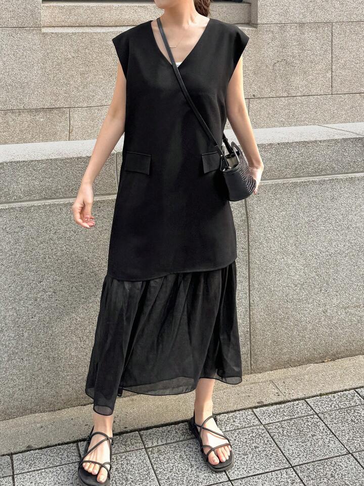 CM-DS198578 Women Casual Seoul Style Round Neck Sleeveless Mesh Patchwork Dress - Black