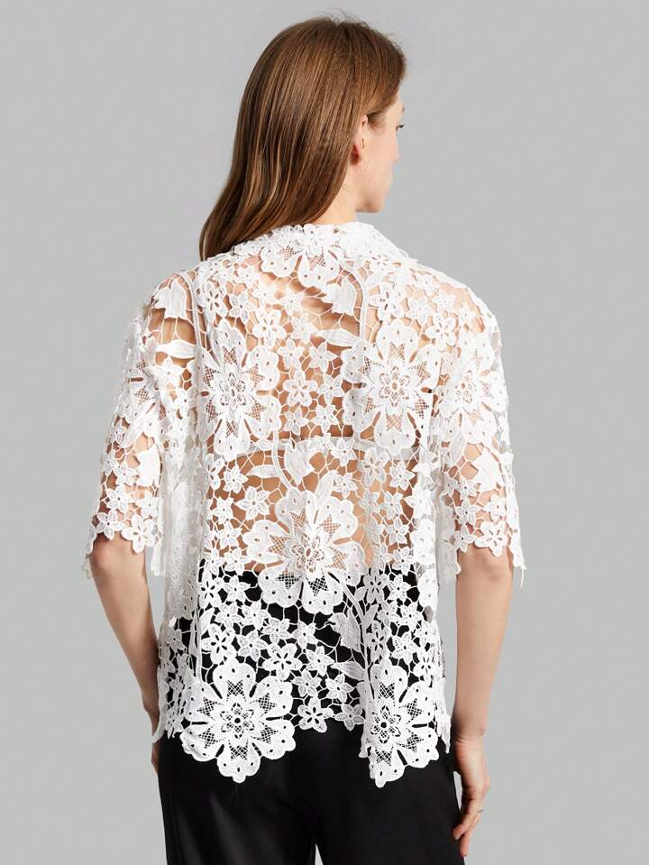 CM-TS357252 Women Casual Seoul Style Stand Collar Short Sleeve Lace Hollow Out Shirt - White