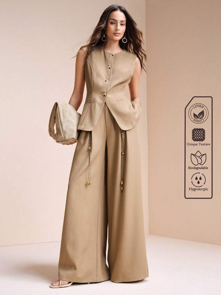 CM-SS173741 Women Elegant Seoul Style Linen Round Neck Sleeveless Vest With High Waist Beaded Wide Leg Pants - Set