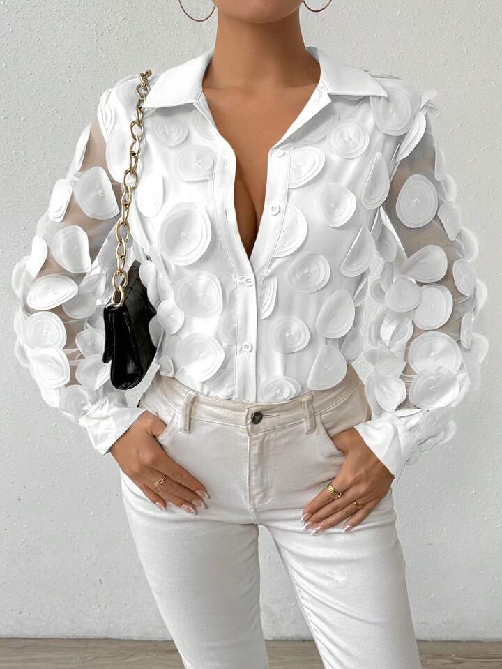 CM-TS948226 Women Elegant Seoul Style 3D Petal Chiffon Hollow Out Lantern Sleeves Shirt - White