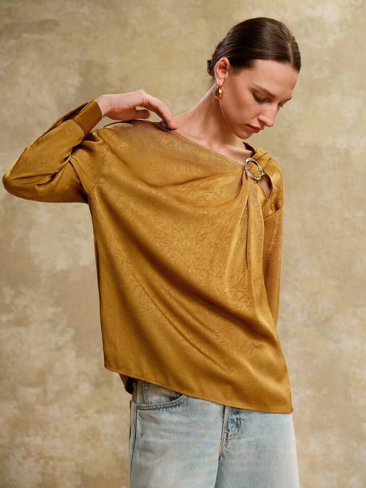CM-TS820543 Women Elegant Seoul Style Pleated Textured Satin Oblique Shoulder Straps Pleated Metal Decor Shirts