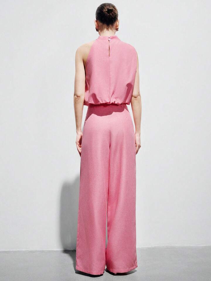 CM-SS704475 Women Elegant Seoul Style Loose High Collar Design Top With Drawstring Waist Straight Loose Pants - Set