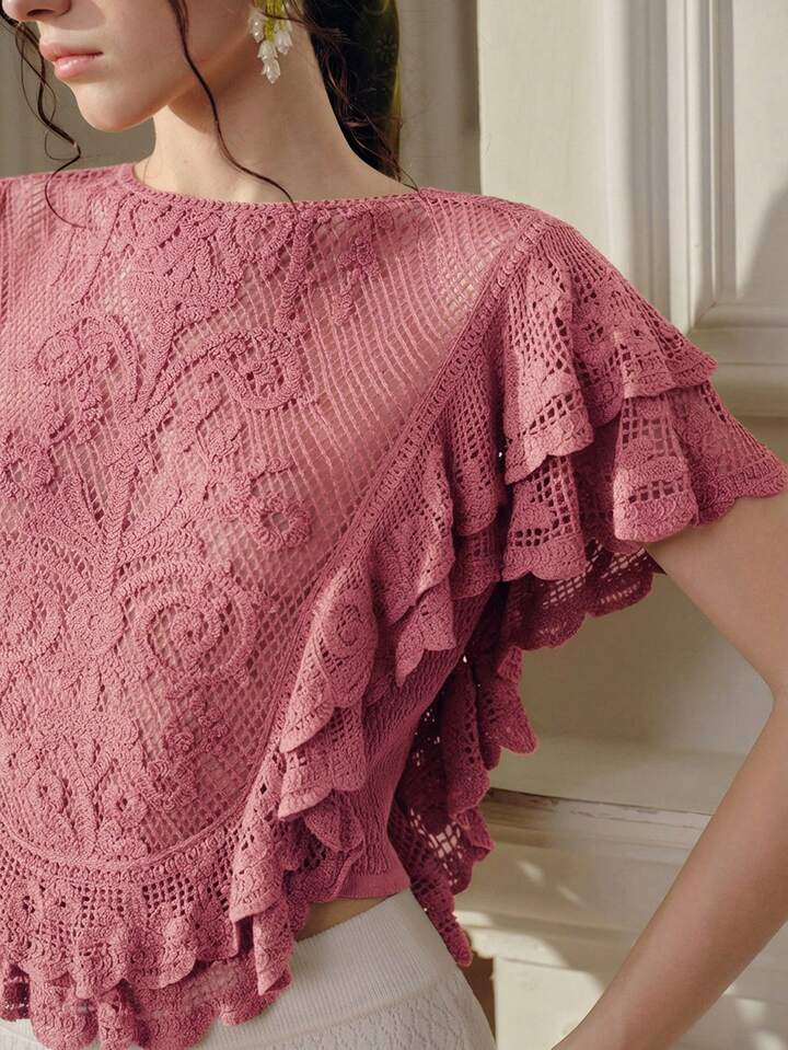 CM-TS415052 Women Elegant Seoul Style Round Neck Sleeveless Elastic Ruffled Hem Cropped Top - Pink
