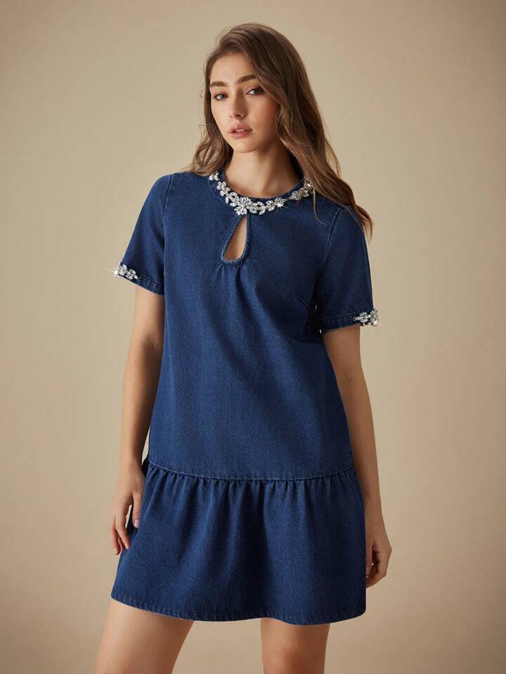 CM-DS884745 Women Casual Seoul Style Diamond Decor Round Neck Short Sleeve Denim Midi Dress - Blue