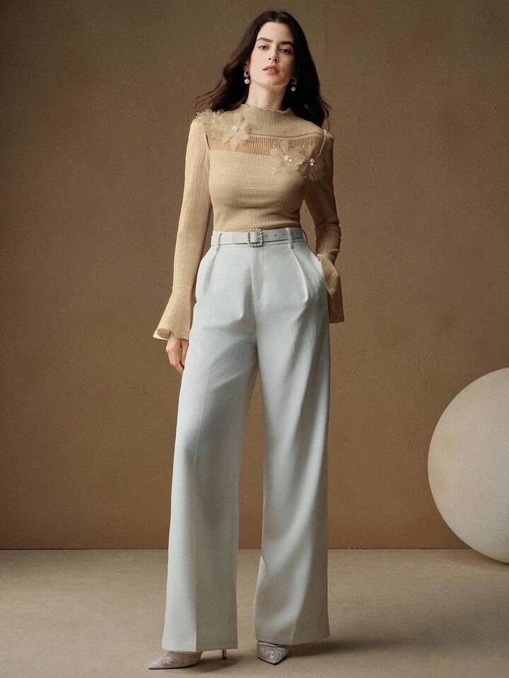 CM-TS240724 Women Elegant Seoul Style Floral Appliques Stand Collar Extra Long Flared Sleeve Blouse - Khaki