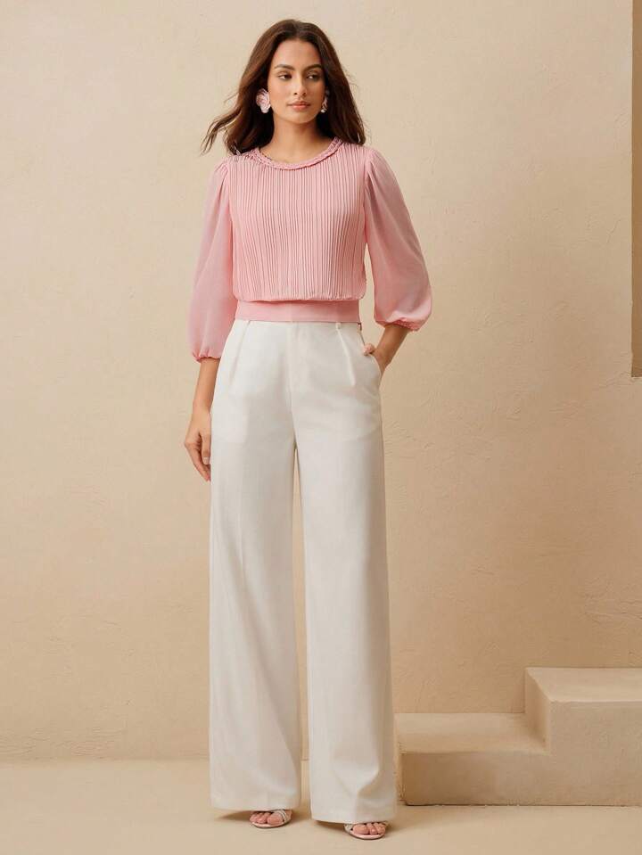 CM-TS771066 Women Elegant Seoul Style Cable Knit Round Neck Pleated Lantern Sleeve Slim Fit Blouse - Pink