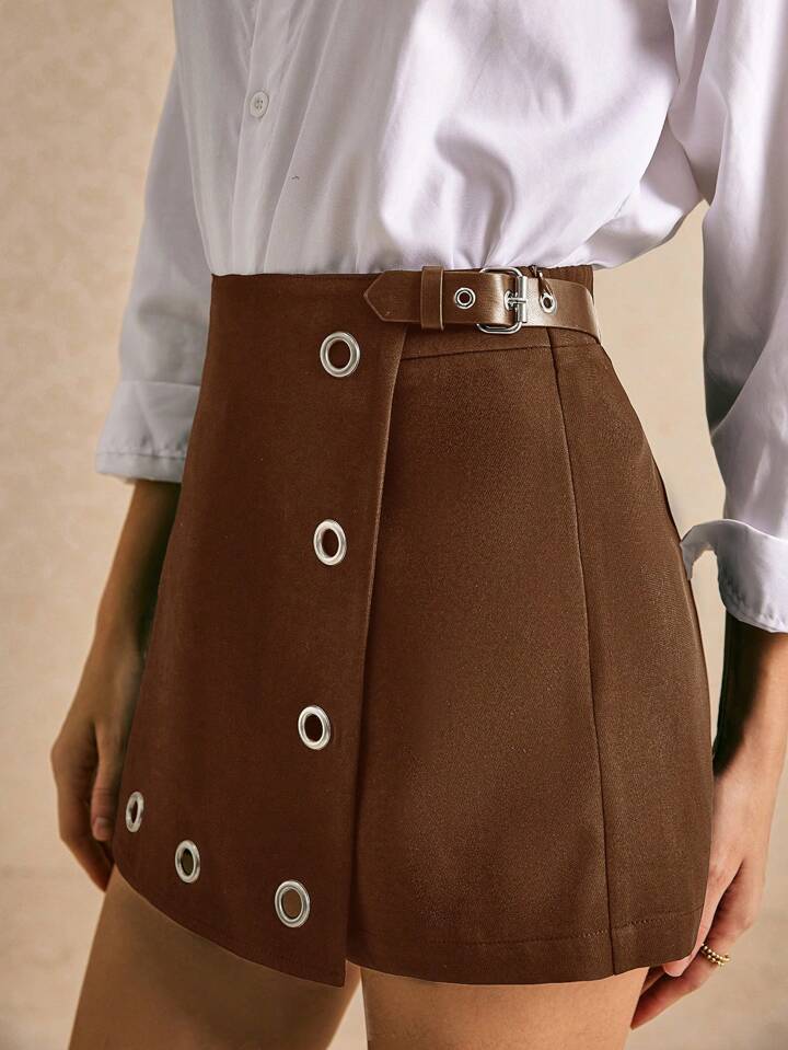 CM-BS032292 Women Casual Seoul Style High Waist Metal Ring Zipper Straight Skort - Brown