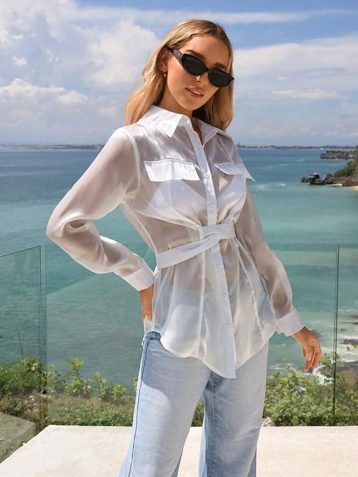 CM-TS946669 Women Casual Seoul Style Collar Neckline Long Sleeve See-Through Shirt - White