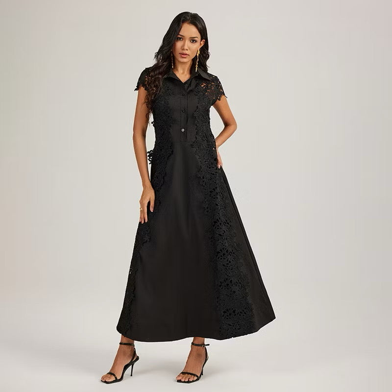 CM-DY044437 Women Elegant European Style Lace Collar Neckline Short Sleeve Splice Long Dress (Available in 2 colors)