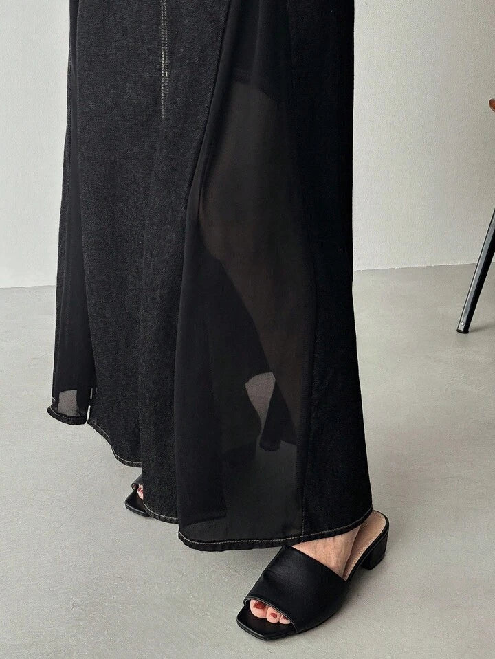 CM-BS090791 Women Casual Seoul Style Solid Color Mid Waist Slit Sheer Denim Maxi Skirt - Black