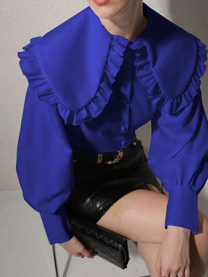 CM-TS278792 Women Elegant Seoul Style Solid Color Peter Pan Collar Bishop Sleeve Ruffle Detail Long Sleeve Blouse