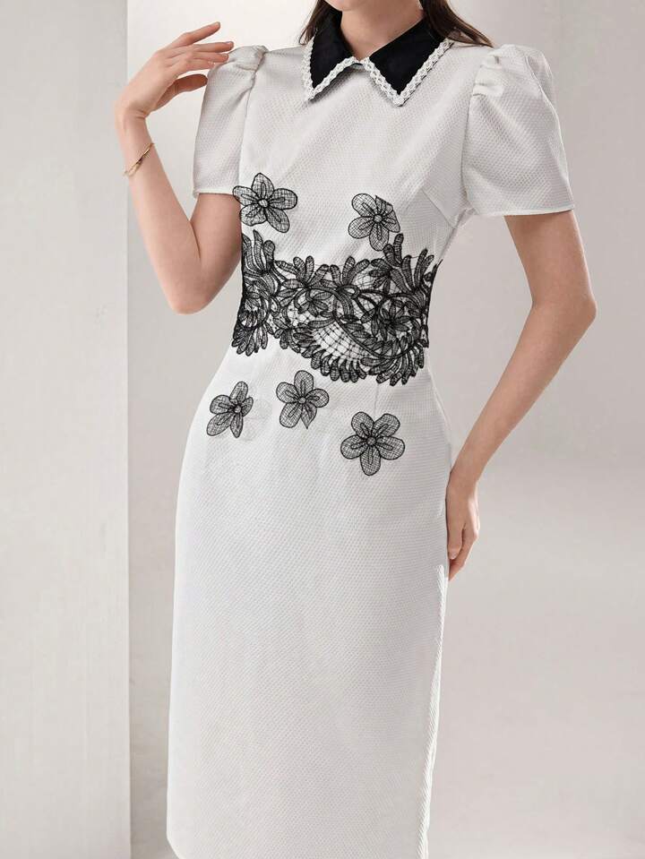 CM-DS226634 Women Casual Seoul Style Contrast Color Collar Ruffled Mid-Length Dress - White