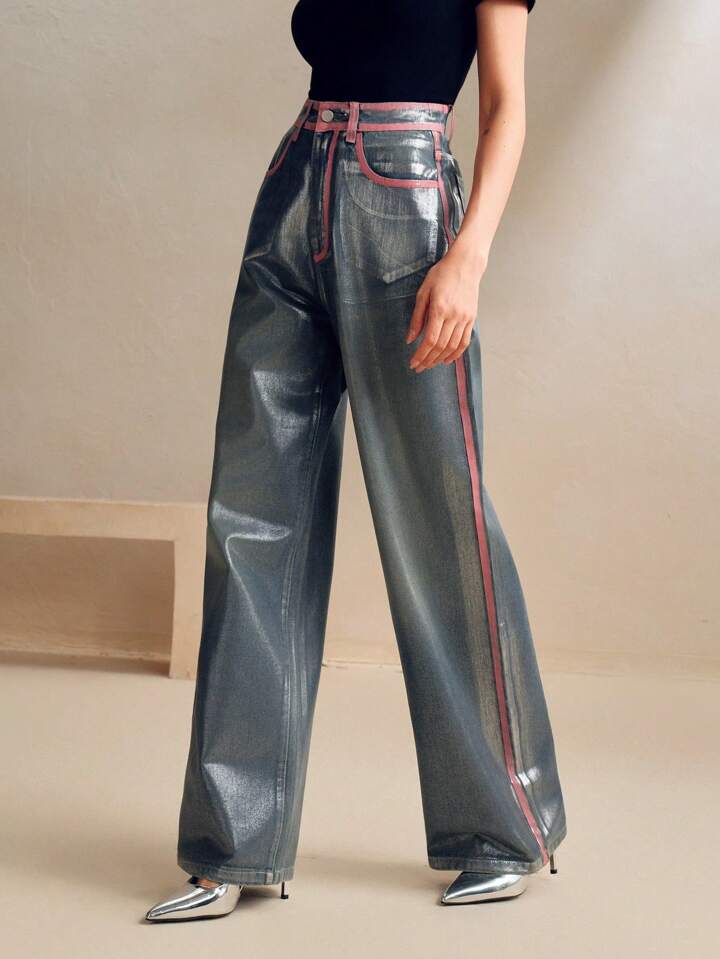 CM-BS238888 Women Elegant Seoul Style High Waist Silver Hot Stamping Flare Jeans - Blue