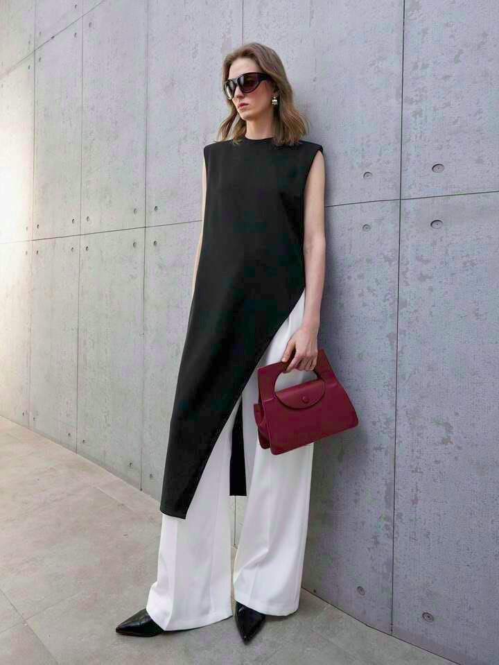 CM-TS650838 Women Casual Seoul Style Round Neck Wide Shoulder Sleeveless Asymmetric Hem Mid-Length Top - Black