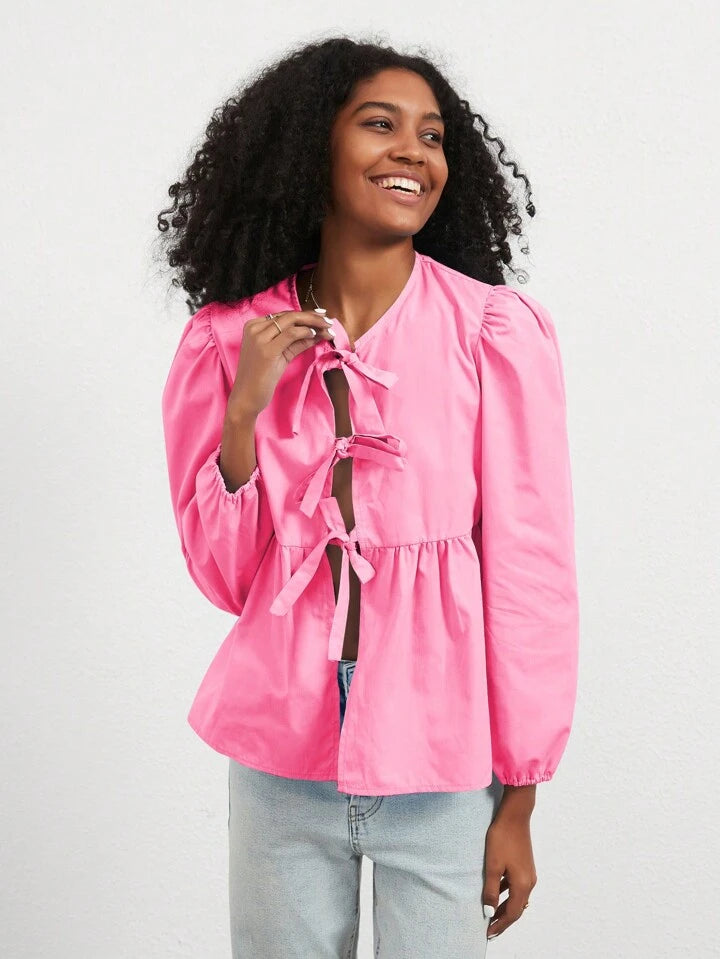 CM-TS042575 Women Casual Seoul Style Print Ruffle Hem Tie Long Sleeve Shirt - Hot Pink
