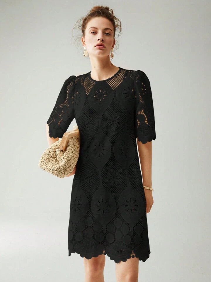 CM-DS636852 Women Elegant Seoul Style Round Neck Half Sleeve Lace Overlay Dress - Black